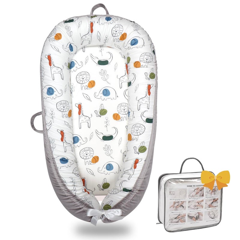 Bubbyhuts Baby Lounger-Breathable and Soft Organic 100% Cotton, Portable Infant Lounger with Removable Lounger Cover, Floor Lounger for Newborn - Crocodile & Elephant - Image 1